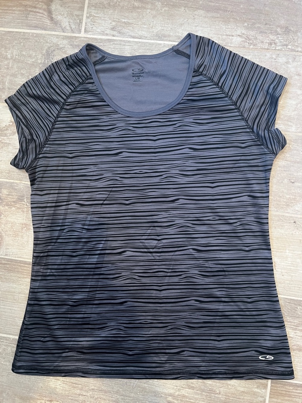 C9 by Champion Black and Gray Striped Short (cap) Sleeve Active Tee size L